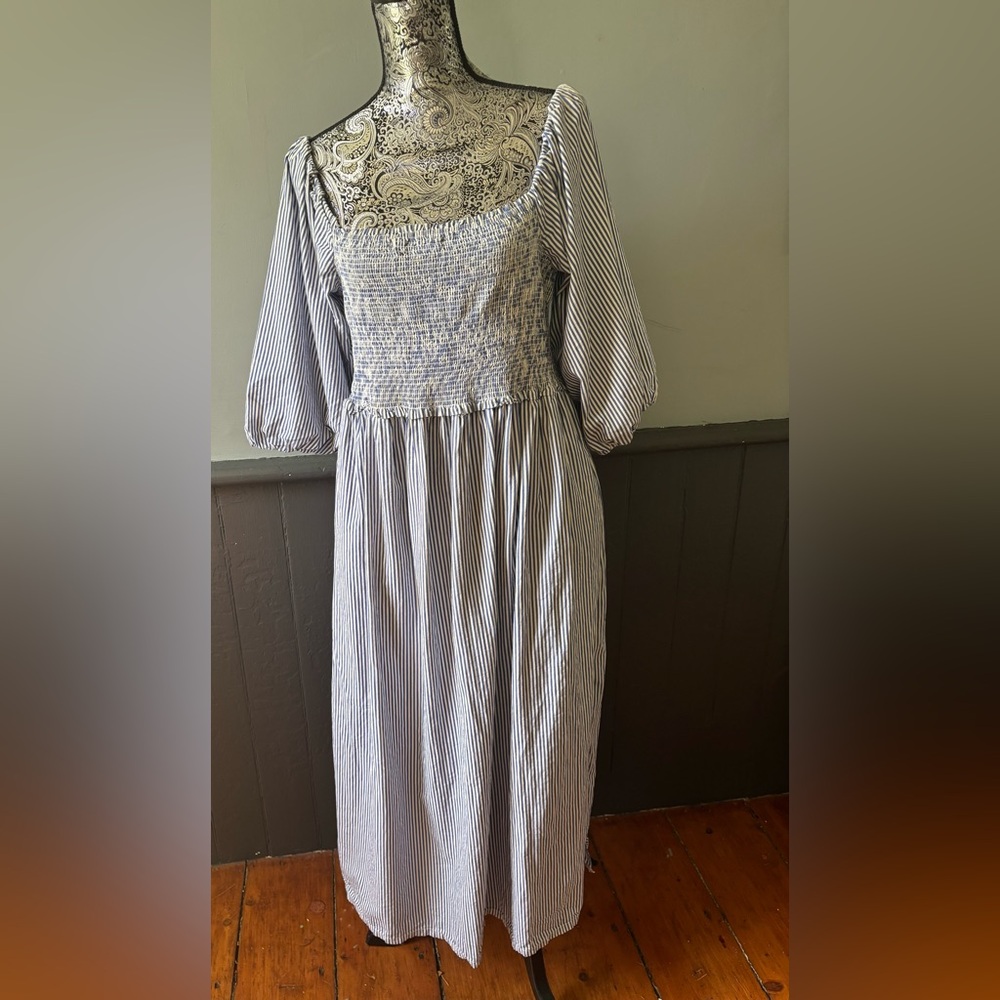 Long Sleeve Blue Striped Free Assembly XXL Dress With Pockets
